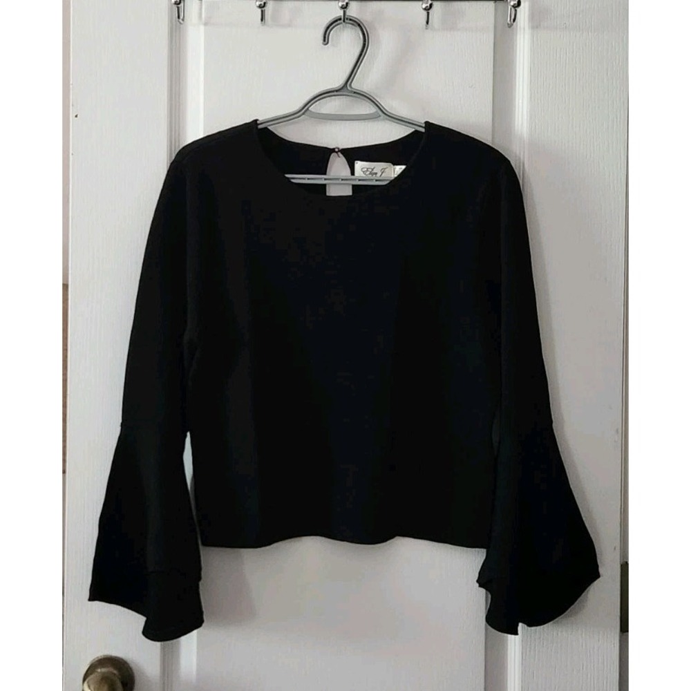 Eliza‎ J Women's Black Bell Sleeve Top Keyhole Blouse Stretch Rayon Size L